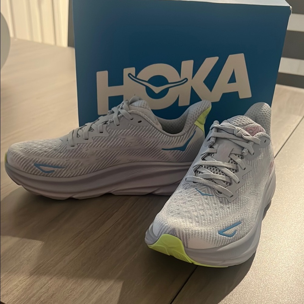 Hoka White and Blue Athletic Shoes with Maximalist Cushioning